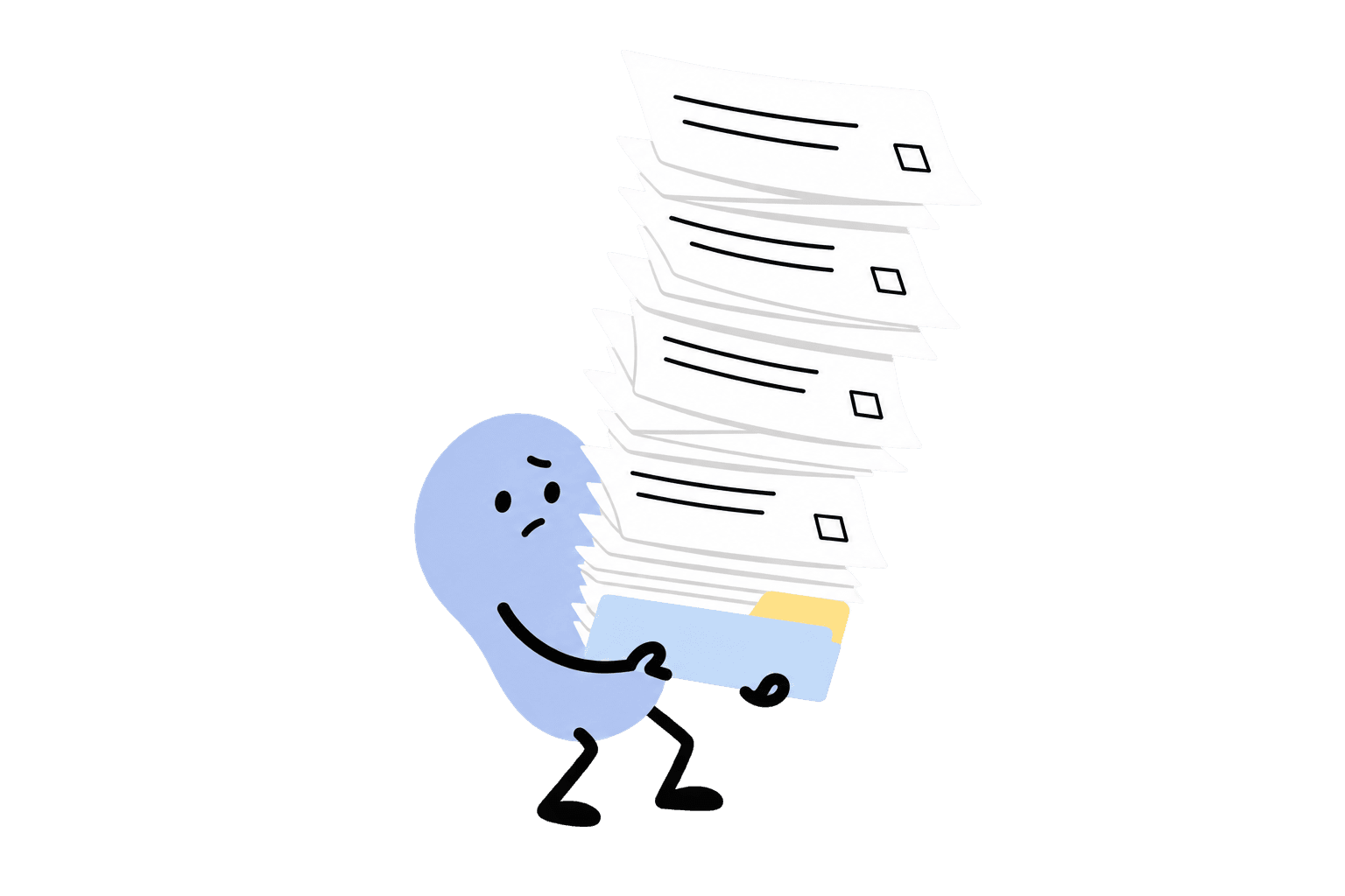 A character balancing a tall stack of confusing paperwork.