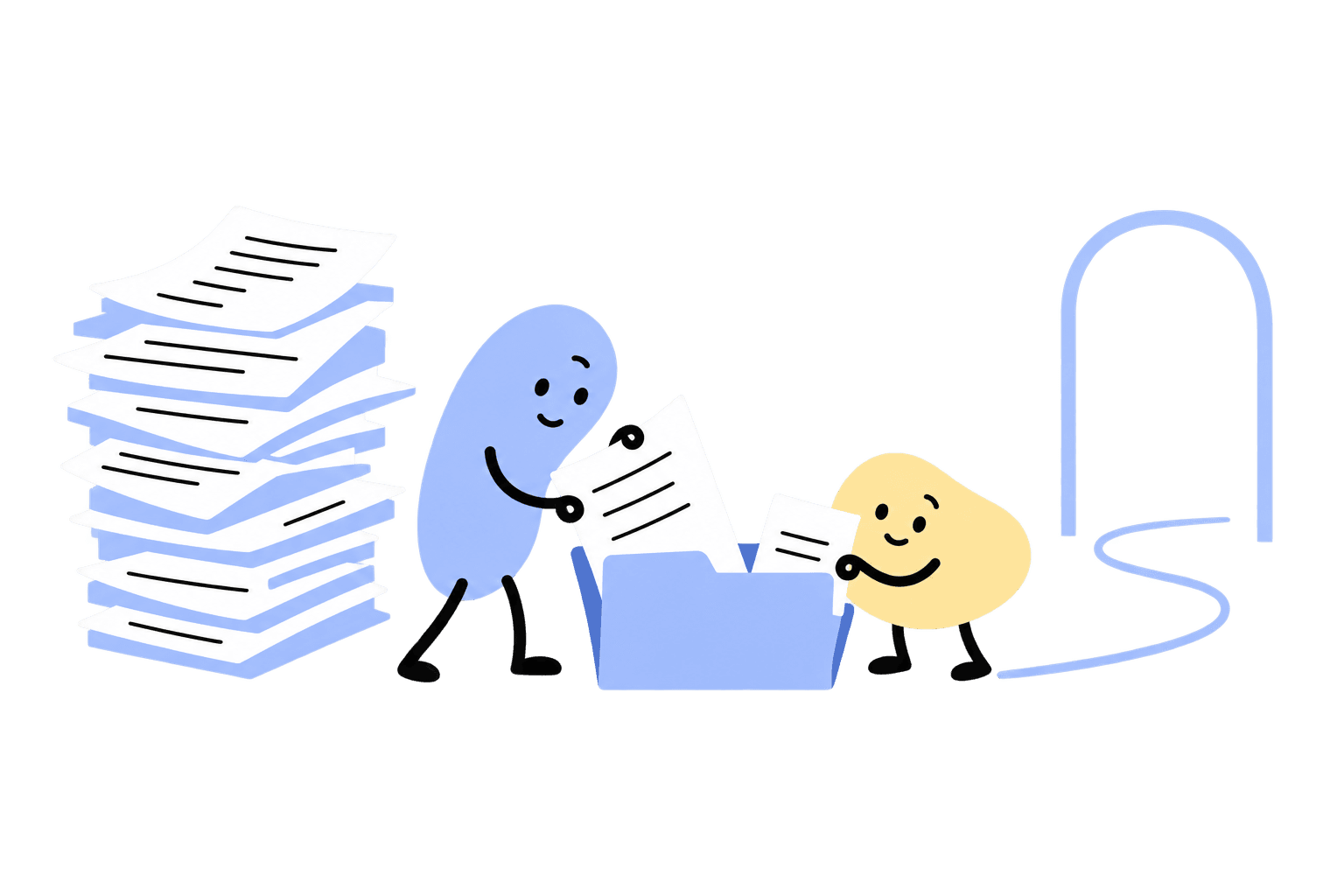 Two small pastel characters organizing a stack of paperwork.